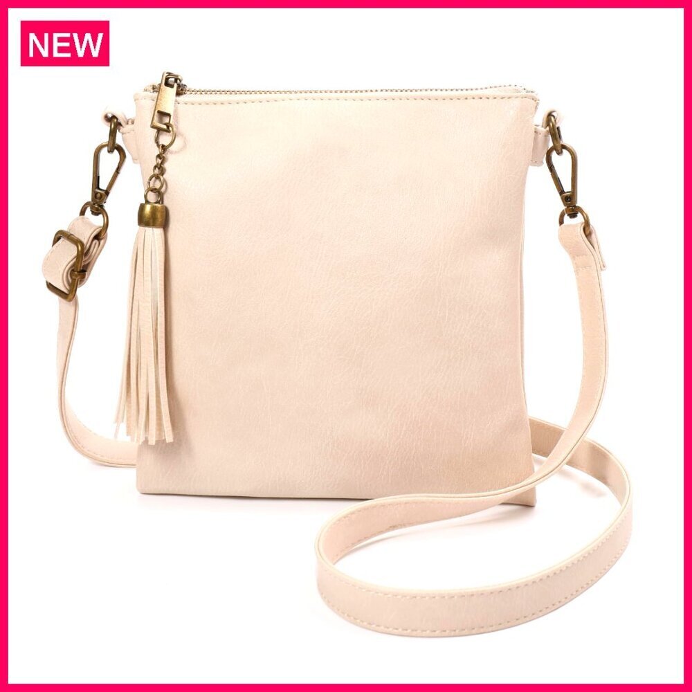 Medium Vegan Leather Crossbody Bag with Tassel, Adjustable Strap, Multiple